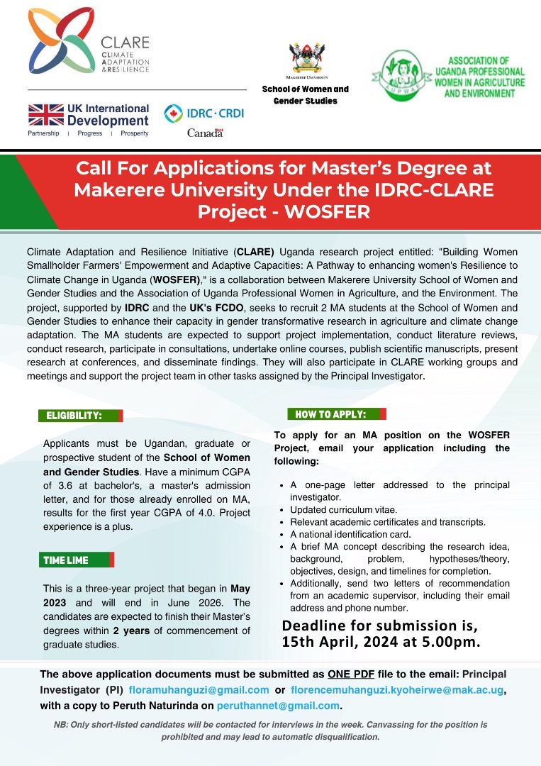 Call For Applications for Master’s Degree at Makerere University Under the IDRC-CLARE